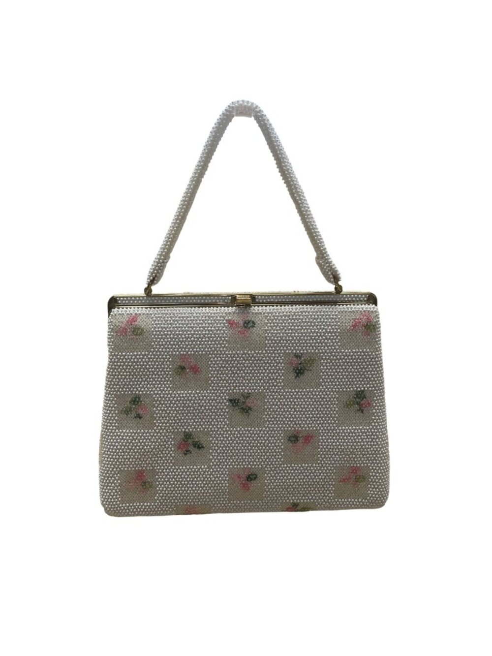 Vintage Lumured Women’s White Beaded Floral Pattern Clasp Closure Handbag